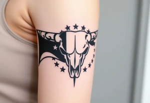 Longhorn skull Texas flag next to it with stars and circling it tattoo idea