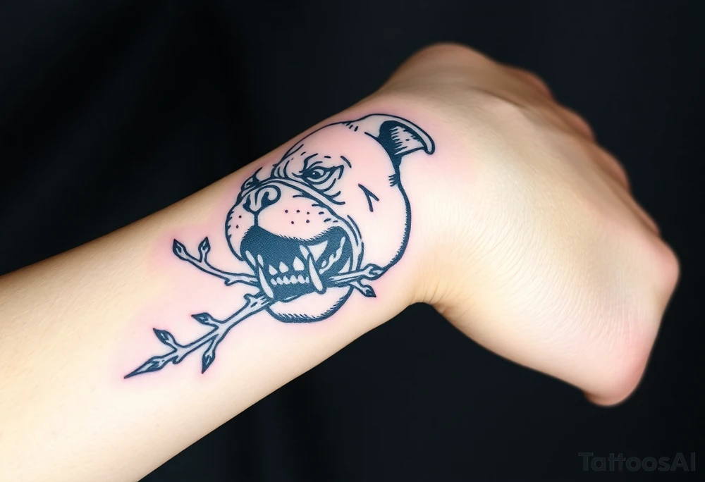 english bulldog biting branch medieval woodcut tattoo idea