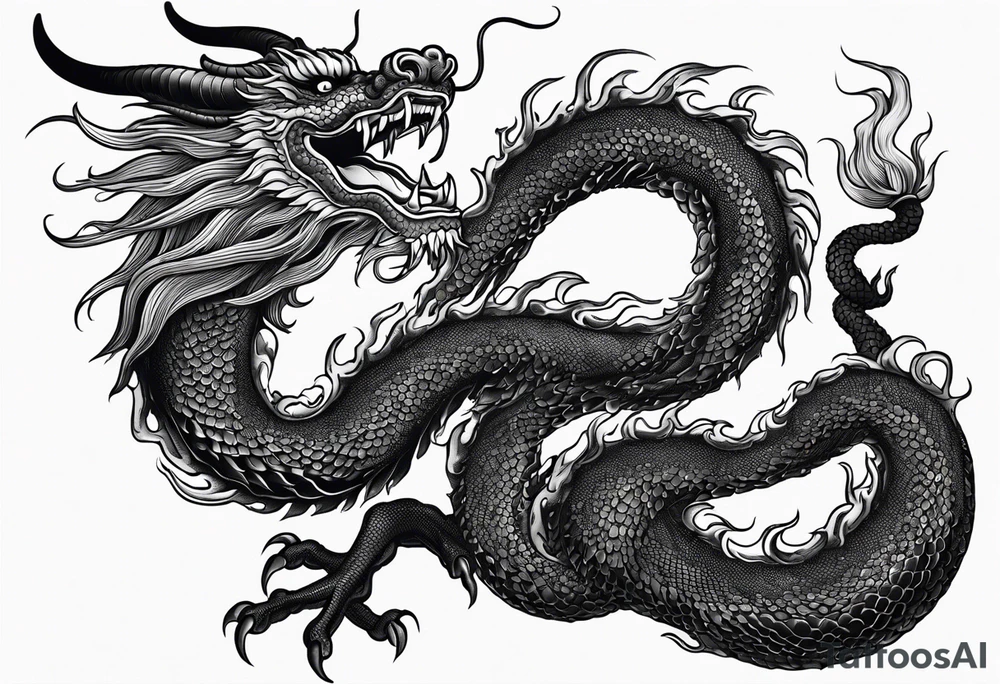 A highly detailed black and white tattoo design of a traditional Chinese dragon, coiled elegantly as if wrapping around a calf. The dragon should have intricate scales, sharp claws, and a fierce expression with long whiskers and prominent horns. The dragon's head should be positioned to face directly forward, with its gaze fixed straight ahead as if looking directly at the viewer. The body should be long and serpentine, with a fluid and dynamic motion. Traditional Chinese cloud patterns or waves should be incorporated to enhance the sense of movement and energy. The design must be well-balanced, with precise shading to create depth, ensuring it's an ideal tattoo design without any background scenery or body parts depicted. tattoo idea