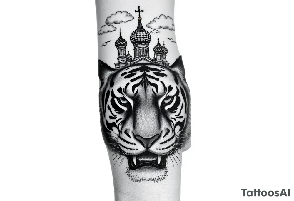 Realistic tiger face on the back of the hand with strong contrast and fine detail with hollow black eyes. with a highly detailed Russian Orthodox cathedral sitting above on fore arm with onion domes and orthodox crosses, done in fine line, engraving-like style. Cohesive composition, black ink only, no color, high contrast, slightly aged, documentary-style, plain light background. with clouds above and a virgin mary tattoo idea