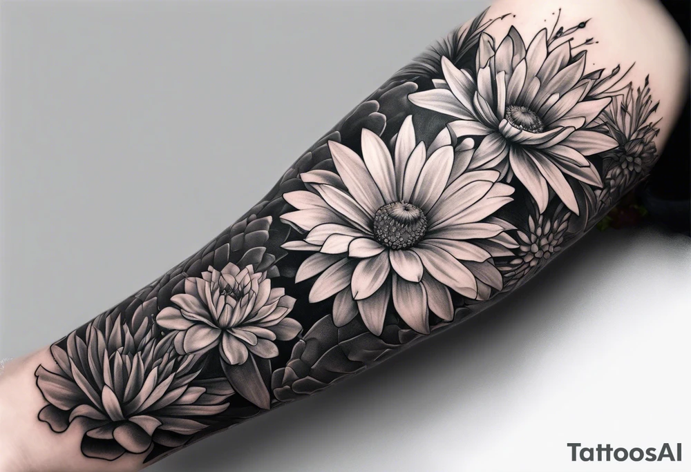 Forearm sleeve with cactus, daisies, and greenery tattoo idea