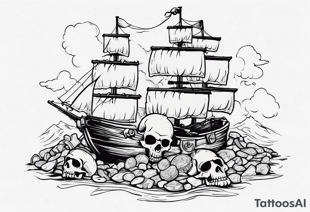 goonies pile of treasure with one eyed willy pirate skull on top tattoo idea