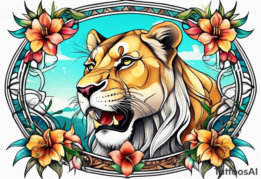Tribal lioness with lilies tattoo idea