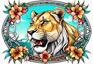 Tribal lioness with lilies tattoo idea