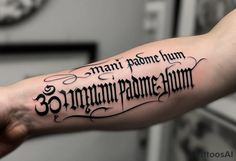 Mantra Script (e.g., "Om Mani Padme Hum") – A sacred Tibetan or Sanskrit phrase, done in elegant script or calligraphy, wrapping around arms or spines. tattoo idea