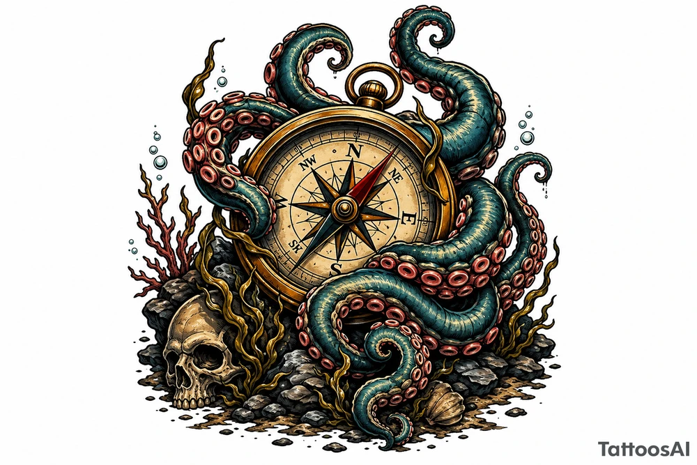 A kraken's tentacles coiling around a nautical compass on a dark ocean floor. tattoo idea