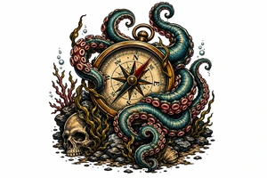 A kraken's tentacles coiling around a nautical compass on a dark ocean floor. tattoo idea