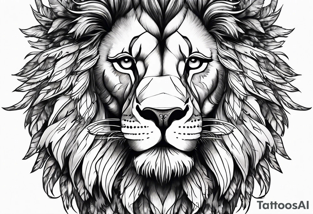 Powerful lion and feathers tattoo idea