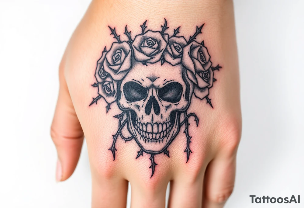 ornate skull adorned with crown of wild roses and thorns tattoo idea
