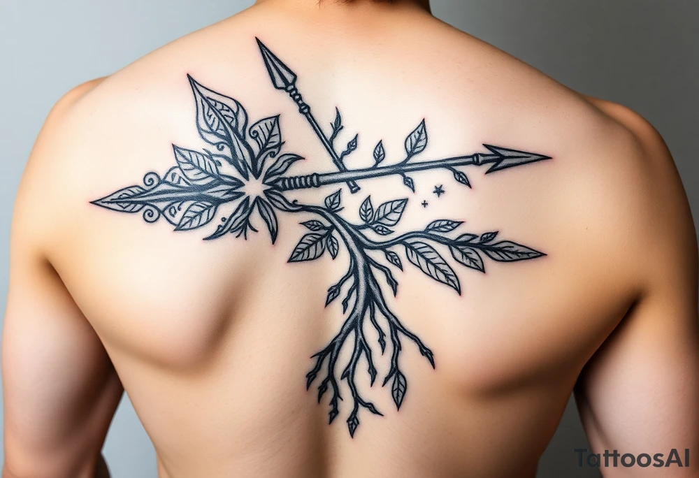 A broken spear with roots growing through it, tribal blackwork style, symbolizing healing through soul, not ego. 
One side traditional tribal pattern (e.g. Polynesian spear motifs), the other cracked but reforged with symbols of soul: leaves, stars, or water. 
The roots at the bottom, the spear at the top, this would go on my arm. tattoo idea