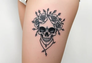 ornate skull adorned with crown of wild roses and thorns tattoo idea