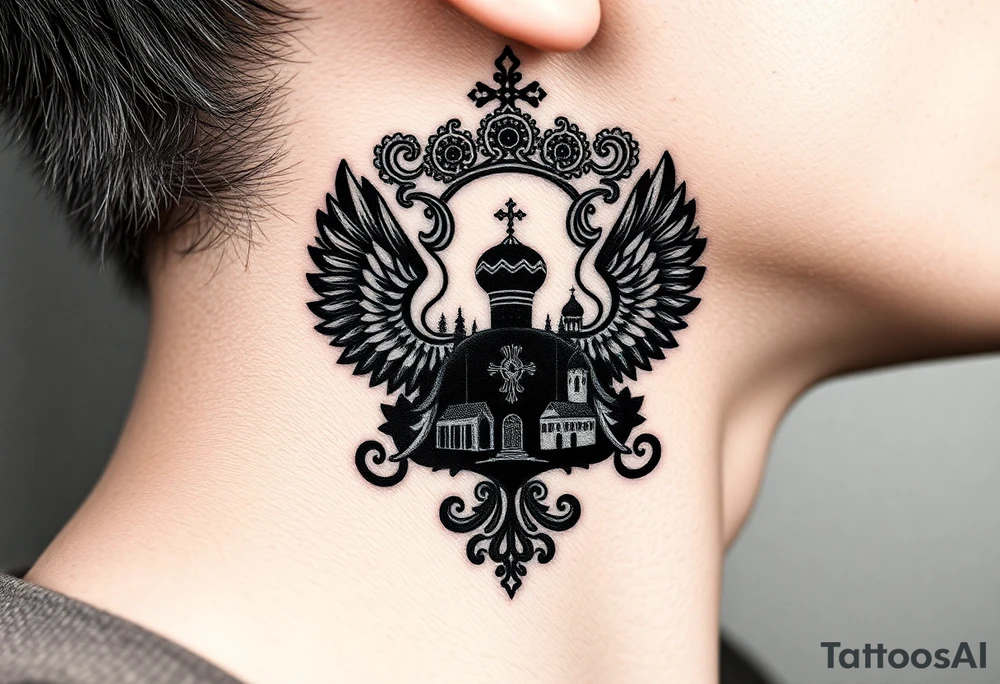 Traditional authentic Russian coat of arms with a Christian orthodox virgin marry in the middle and silhouette in a Russian wilderness Christian orthodoxy dome church village setting on the side of my neck tattoo idea