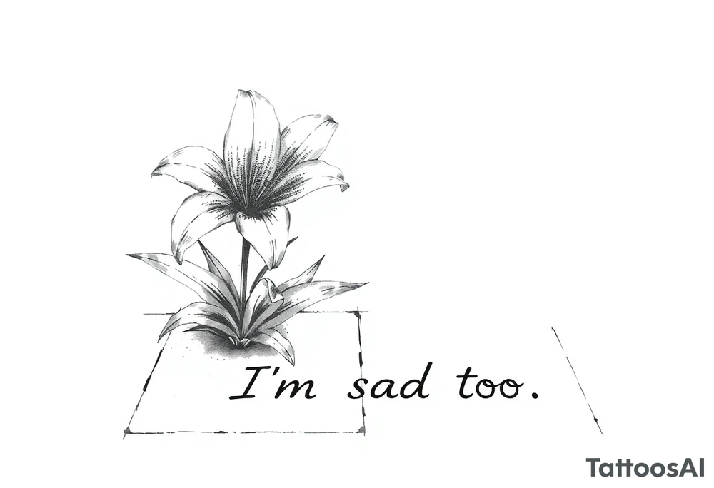 Lily growing out of tile floor with the words I’m sad too written small in the grout between two tiles tattoo idea