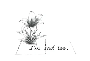 Lily growing out of tile floor with the words I’m sad too written small in the grout between two tiles tattoo idea