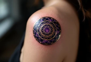 A dark violet magic circle with golden protective markings and layered spell rings. tattoo idea