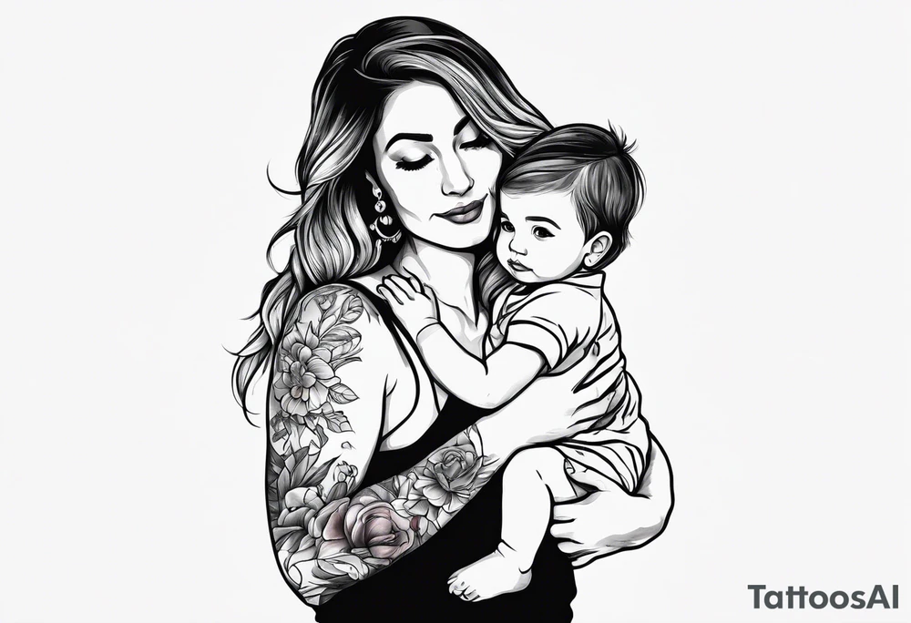 A simple outline of a mom holding her to kids tattoo idea