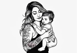 A simple outline of a mom holding her to kids tattoo idea
