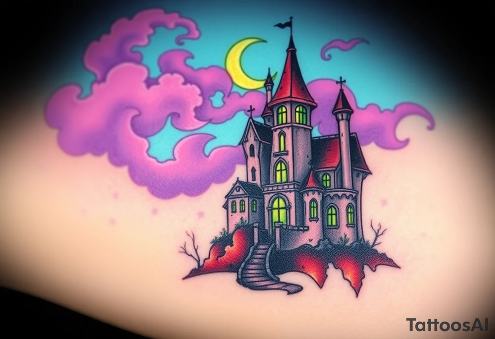 Tim Burton’s disney sleeping beauty’s haunted castle is abandoned and dripping with muted reds, dusty pinks, and eerie green glow.purple and cyan smokey clouds swirl in the crescent moonlit sky thats sprinkled with stars tattoo idea tattoo idea