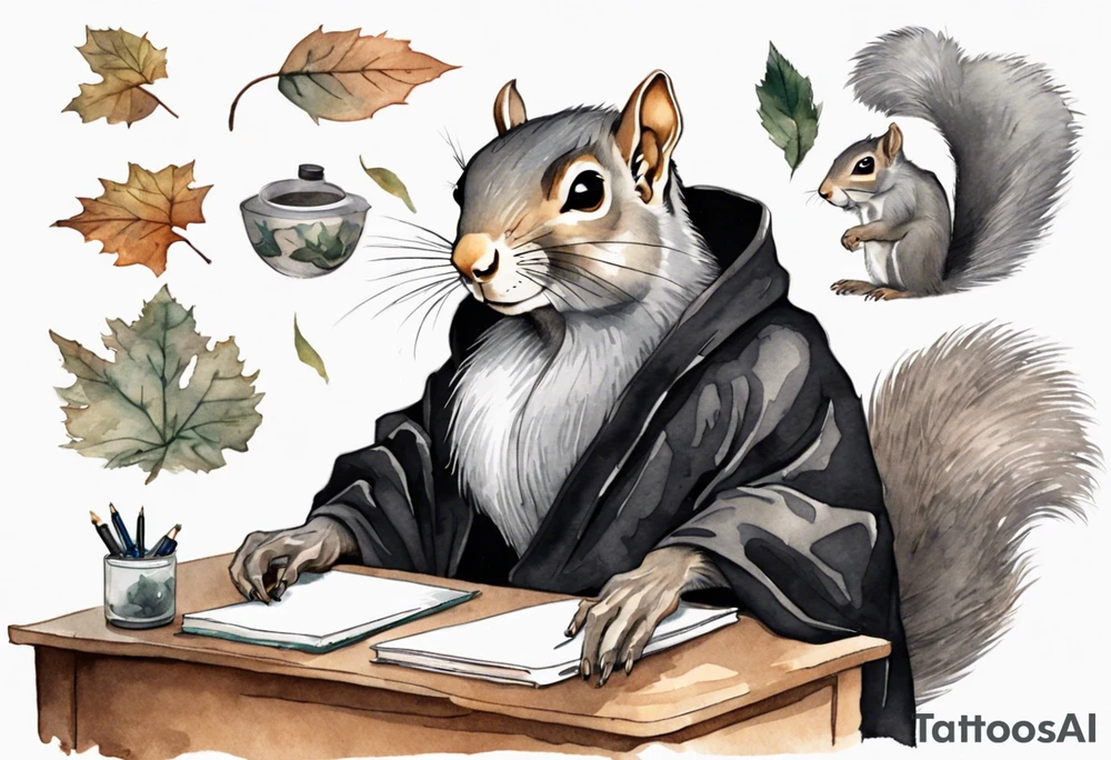 an elderly grey squirrel with a long beard wearing a black robe sitting at a desk tattoo idea