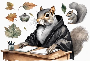 an elderly grey squirrel with a long beard wearing a black robe sitting at a desk tattoo idea