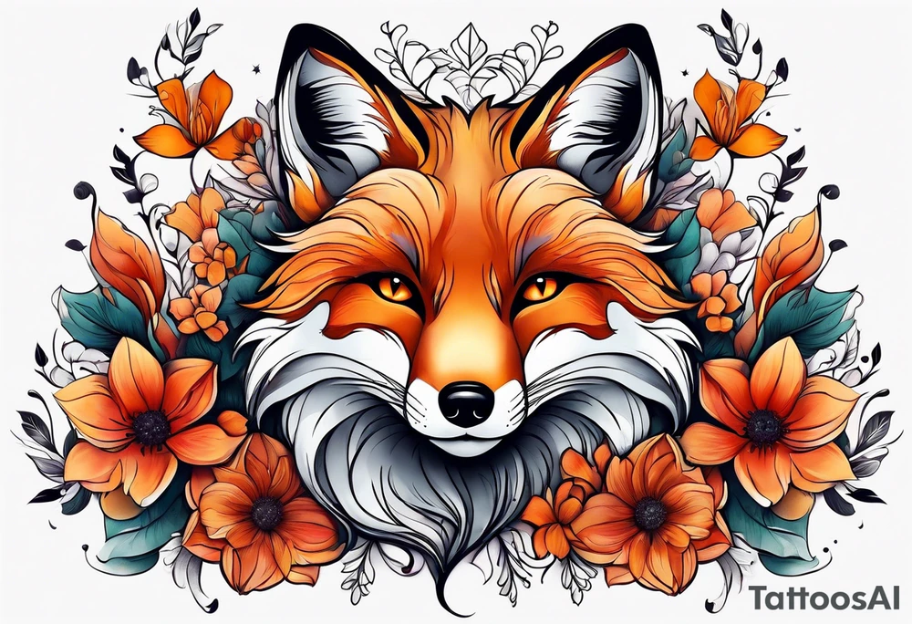 animal fox, flower tattoo idea