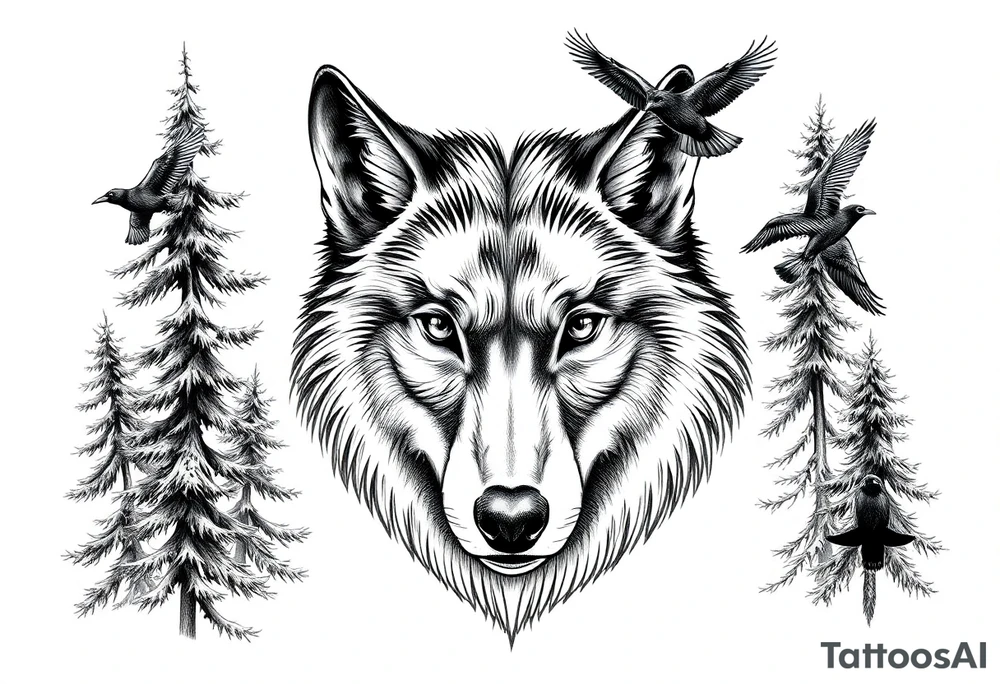 Wolf head surrounded by large pine trees and small ravens flying overhead tattoo idea