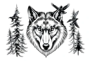 Wolf head surrounded by large pine trees and small ravens flying overhead tattoo idea