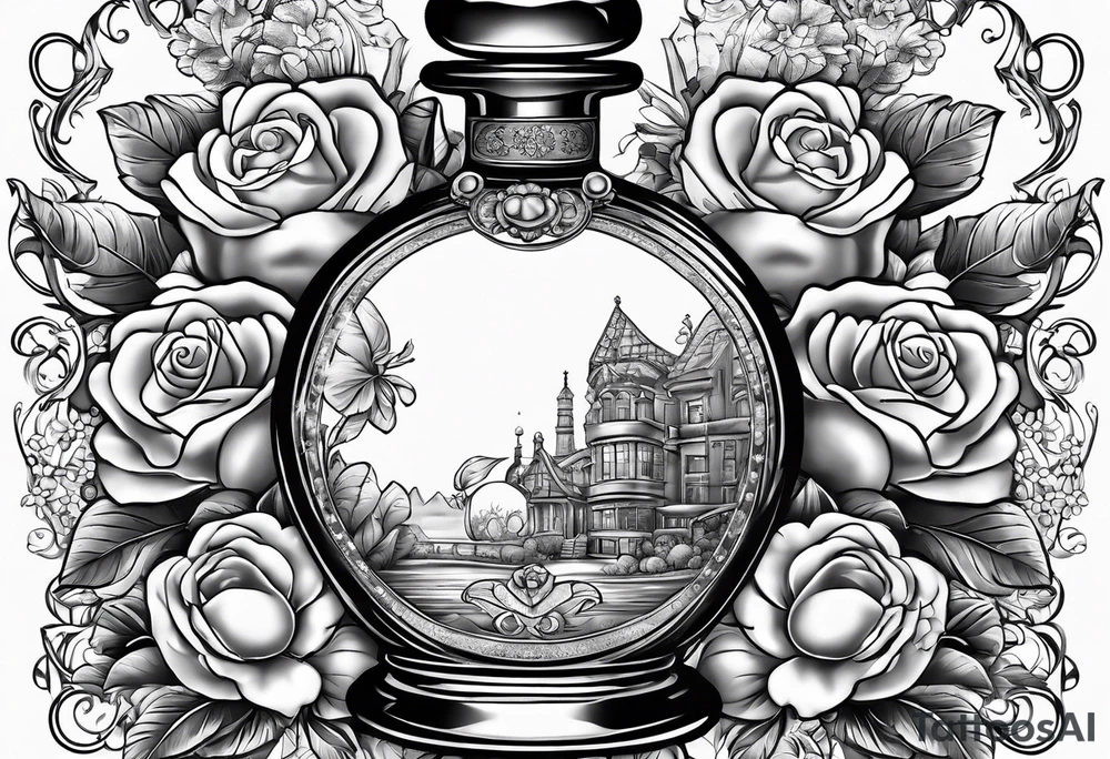 Pearl necklace wrapped around 1950s perfume bottle with flowers and bows surrounding tattoo idea