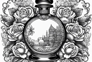 Pearl necklace wrapped around 1950s perfume bottle with flowers and bows surrounding tattoo idea