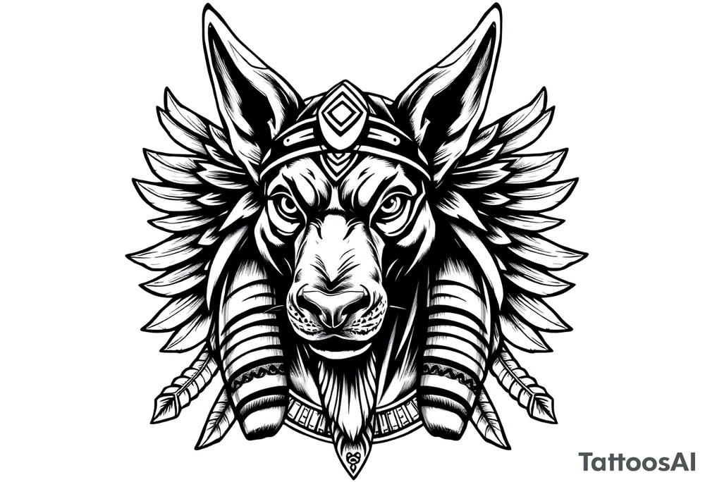 Egyptian Anubis god face muscle in Egypt style  with mantle on head

dog face surrounded Egyptian symbols based on elements tattoo idea