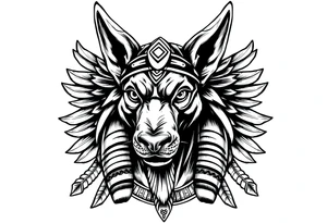 Egyptian Anubis god face muscle in Egypt style  with mantle on head

dog face surrounded Egyptian symbols based on elements tattoo idea