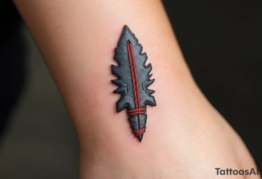 A hand-carved flint arrowhead in gray with red cord wrapping, symbolizing strength and survival tattoo idea