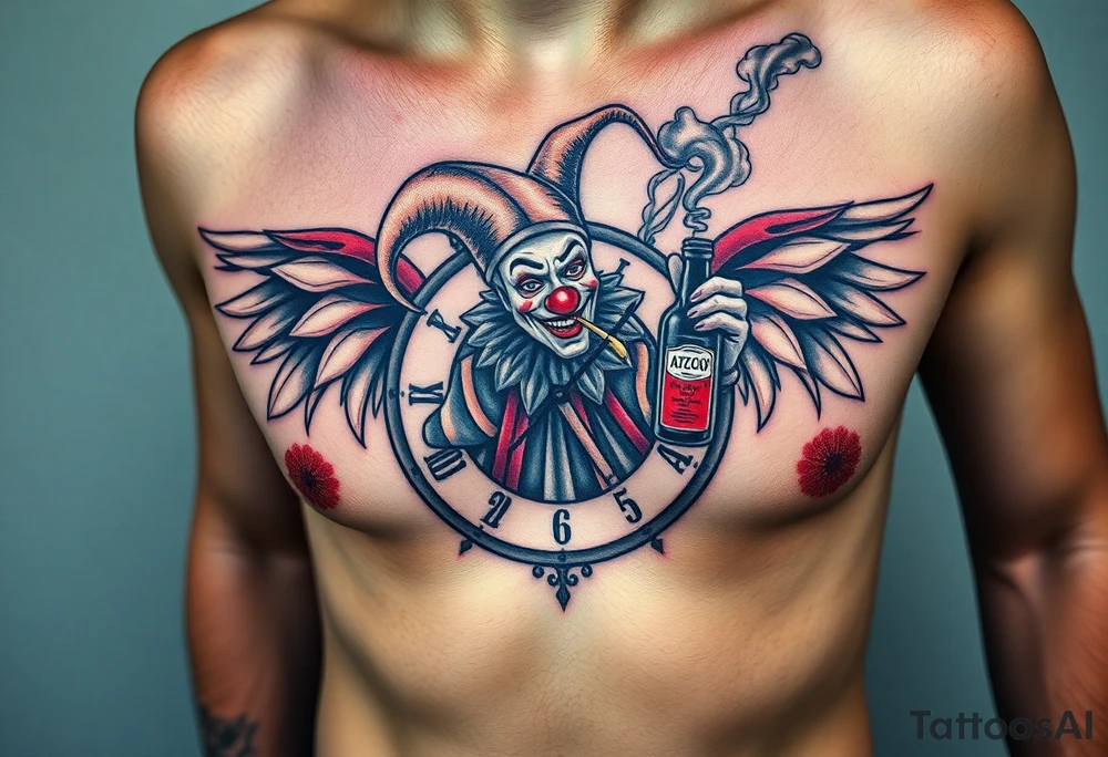 a jester clown floating in smoke with a  clock, the time says 420,  with two open wings besides the clock, smoke as the spring rising from the clock, a jester clown coming out the smoke, smoking in one hand with a liquor bottle on the other hand tattoo idea