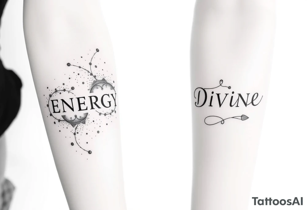Two minimalist blackwork dotwork tattoos featuring the word ‘ENERGY’ on the left arm, balancing with ‘DIVINE’ on the right arm. Surrounding ‘ENERGY’ is a nebula or cosmic wind or stardust or a comet, designed with intricate dot shading and fine linework. The tattoo is realistic yet subtle, creating a cosmic, ethereal feel while keeping a clean, minimalist aesthetic. The elements flow naturally, complementing the shape of the arm without overpowering the text. tattoo idea