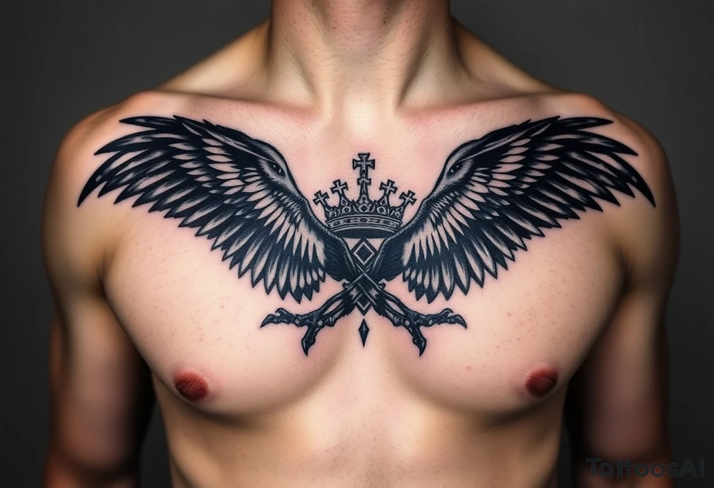 Chest tattoo, two ravens and icelandic symbols, dark brest tattoo, crown betwen ravens tattoo idea