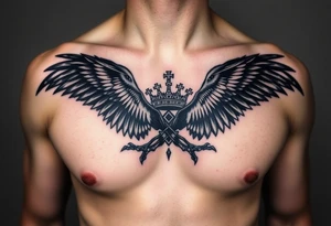 Chest tattoo, two ravens and icelandic symbols, dark brest tattoo, crown betwen ravens tattoo idea