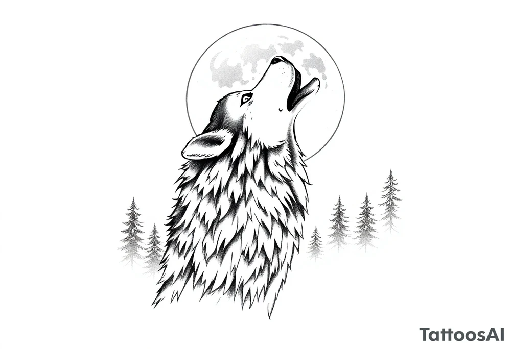 lone wolf howling at full moon with northern lights backdrop tattoo idea