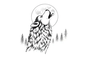 lone wolf howling at full moon with northern lights backdrop tattoo idea