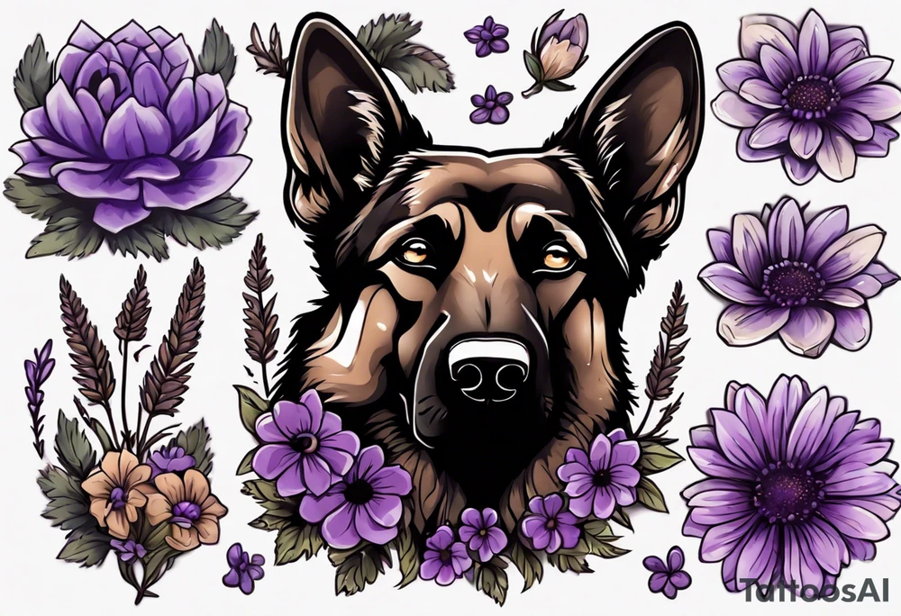 Dark Brown female German shepherd portrait surrounded by purple daisies tattoo idea