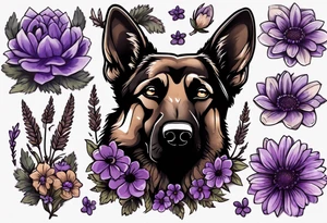Dark Brown female German shepherd portrait surrounded by purple daisies tattoo idea
