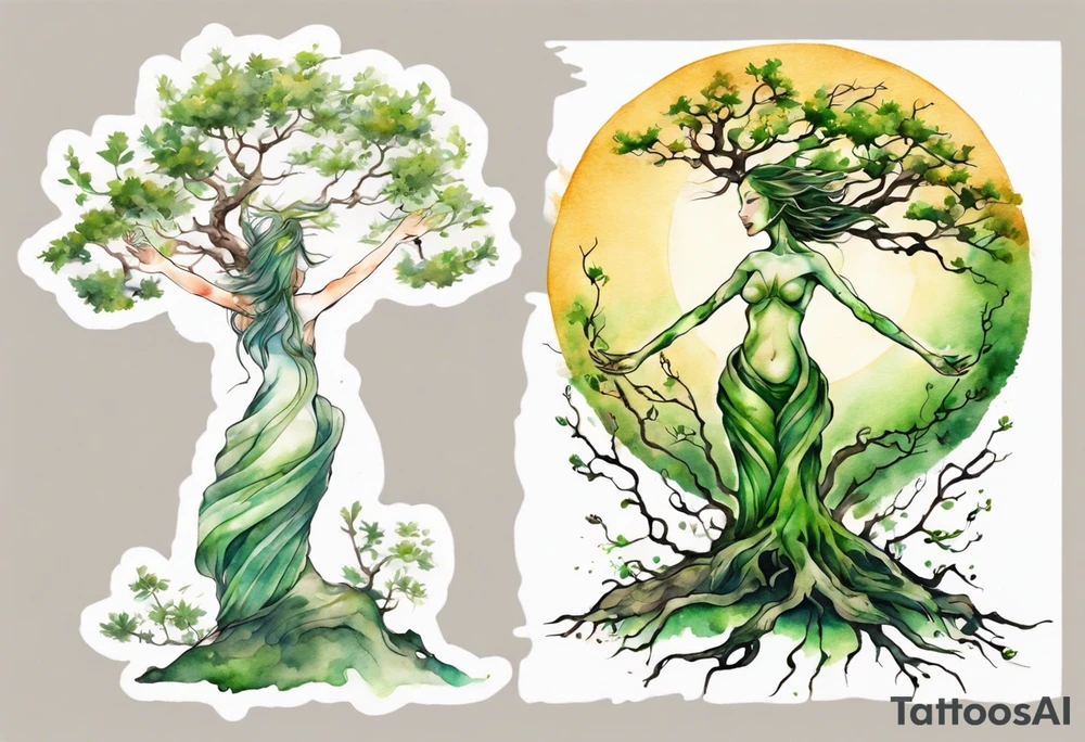 A tree woman with green eyes with branch arms reaching up towards the sun and feet planted in the soil tattoo idea