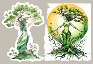 A tree woman with green eyes with branch arms reaching up towards the sun and feet planted in the soil tattoo idea