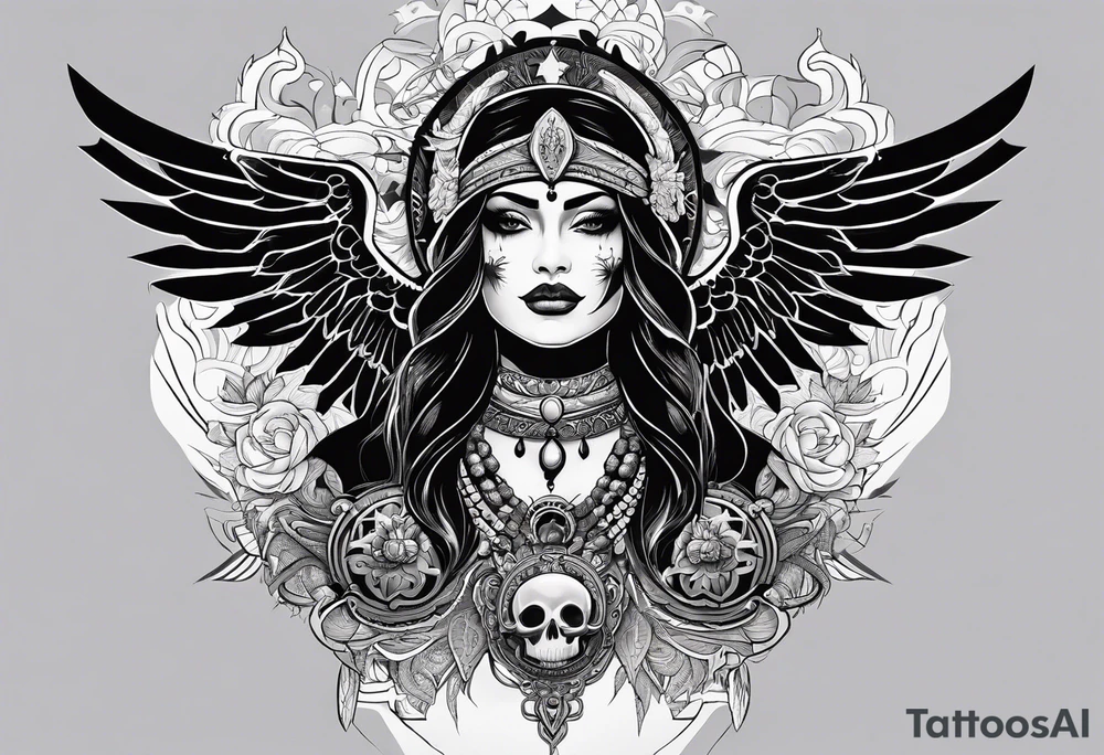 kali, goddess pirate, pachamama, valkrye, warrior, skull, lotus azul, wing, eagle, zenza resonance, stars tattoo idea