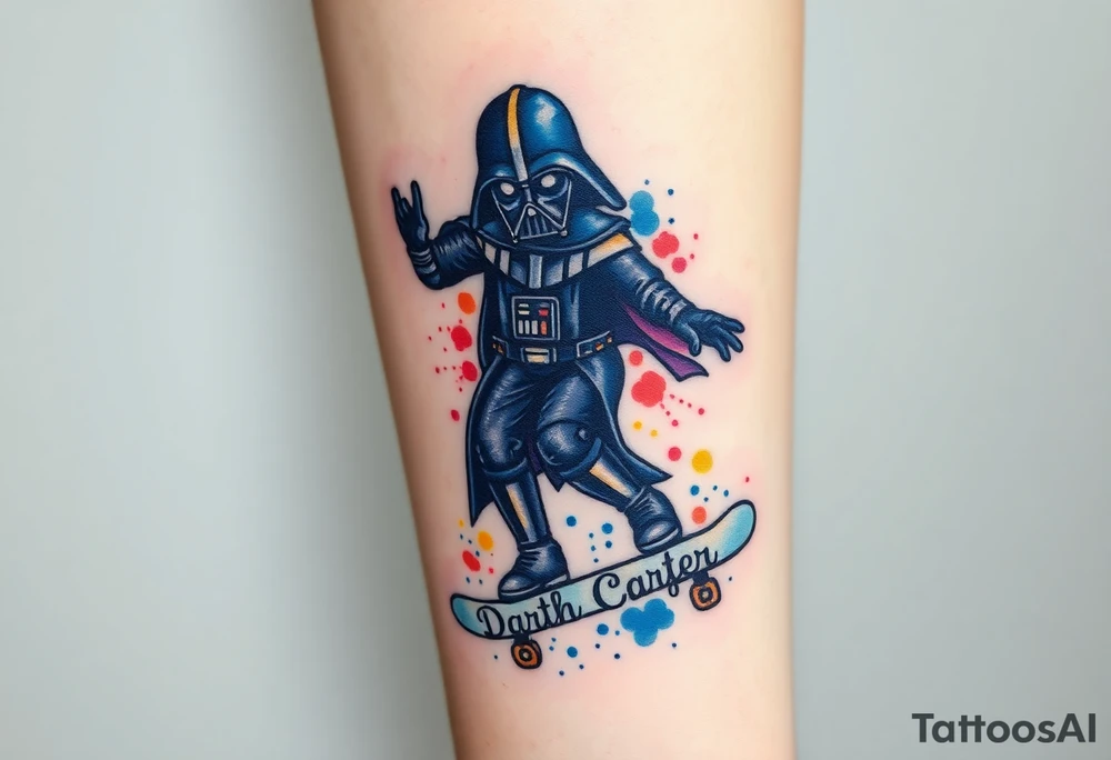 Darth Vader skateboarding > memorial in heaven > bullets
blue. red. yellow.
skateboard words "Darth Carter"
add date 12/29/88-01/06/24 tattoo idea