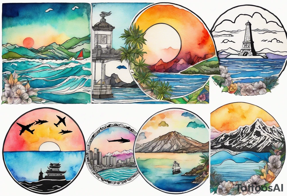 Round Travel collage with Half moon bay cliffs, mountains, Kansas city skyline and 
Arc de Triomphe, Jamaican beach spilled watercolor and tiny jet plane silhouette and a tiny ski boat in the water tattoo idea