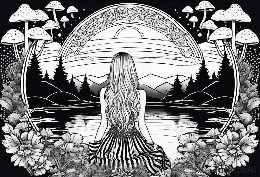 Straight blonde hair girl facing away toward mountains surrounded by mushrooms crescent moon mandala circular design black and white striped dress tattoo idea