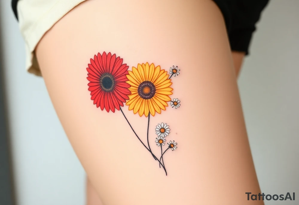 Fine line flower tattoo with three gerbera daisies (red, yellow, and orange) along with smaller white regular daisies. Mix in a Celtic everlasting love knot symbol somehow and maybe some fine line swirls, tendrils, or spirals tattoo idea