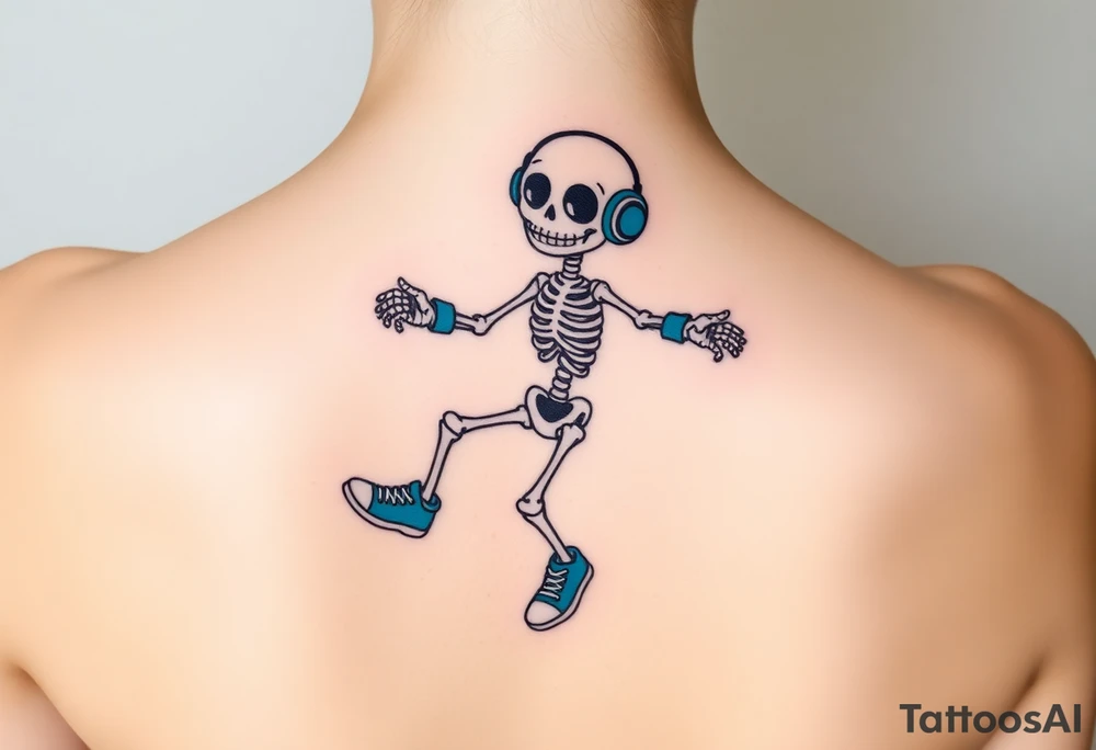 Cute smiling skeleton jumping on a jump rope with blue headphone and blue tennis shoes and blue armbands with music notes tattoo idea