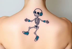 Cute smiling skeleton jumping on a jump rope with blue headphone and blue tennis shoes and blue armbands with music notes tattoo idea