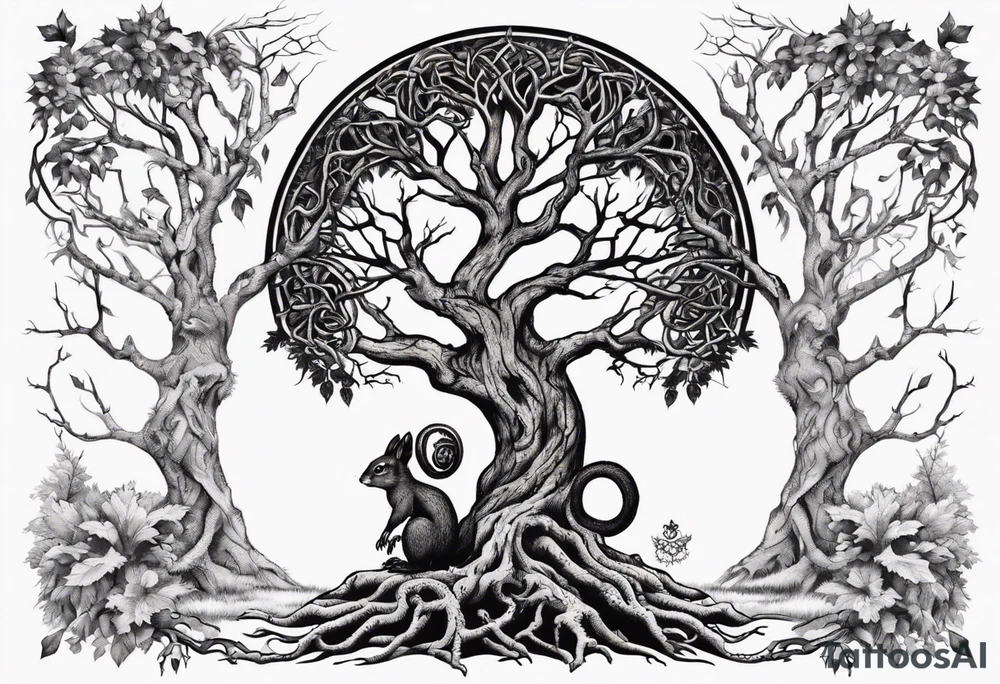 norse tree of life with a squirrel running up the side and a serpent weaving through the roots of the tree tattoo idea